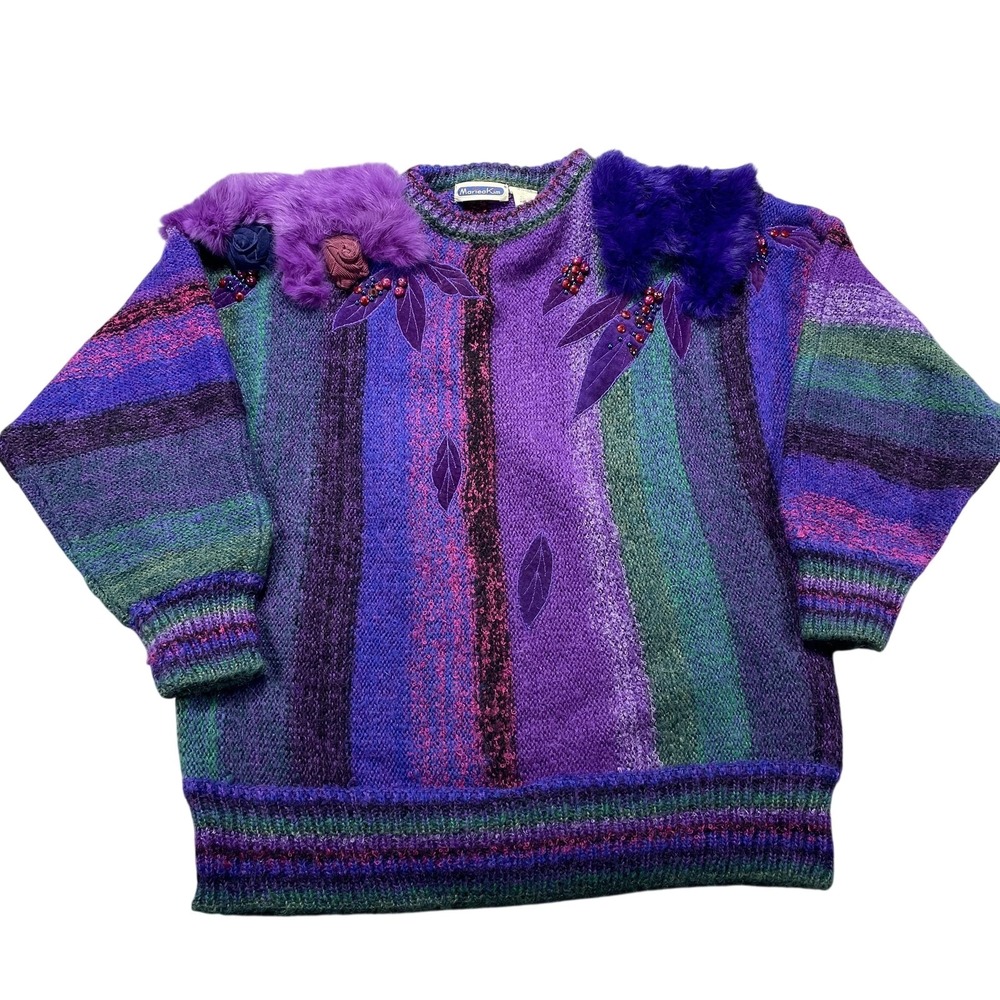 Vintage MarieaKim Sweater Womens Large Purple Stripe Fur Trim Beaded Knit 80s